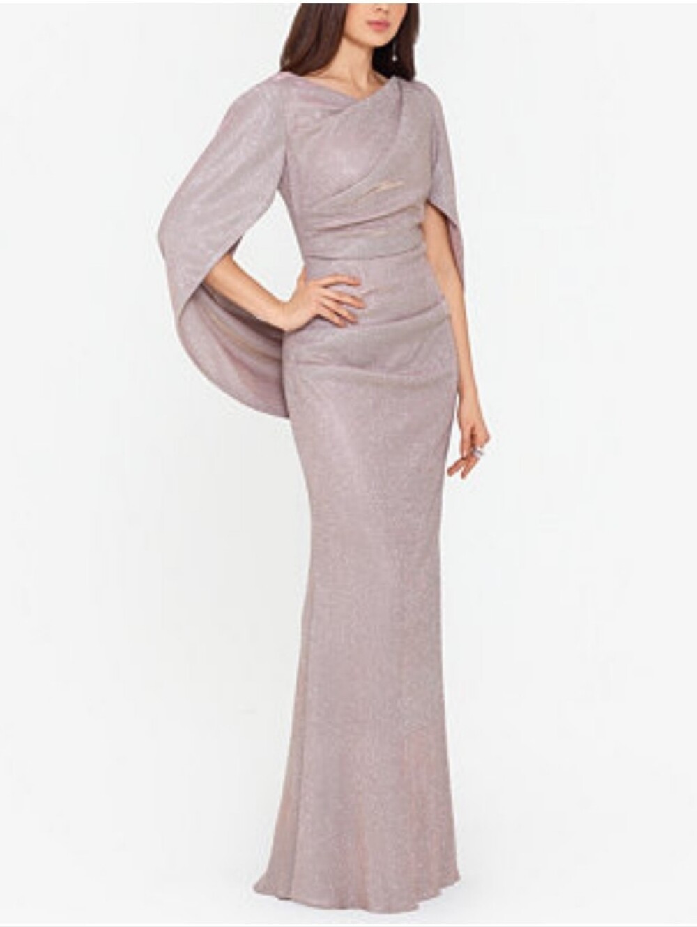 Betsy & Adam Women's Glitter Drape-Back Cape Gown Stretch Blush Pink Gold Sz 16